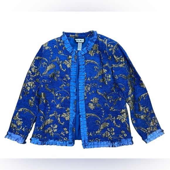 Indigo Moon Vibrant Royal Blue Metallic Gold Floral Ruffle Detailed Blazer Sz L - Picture 1 of 10